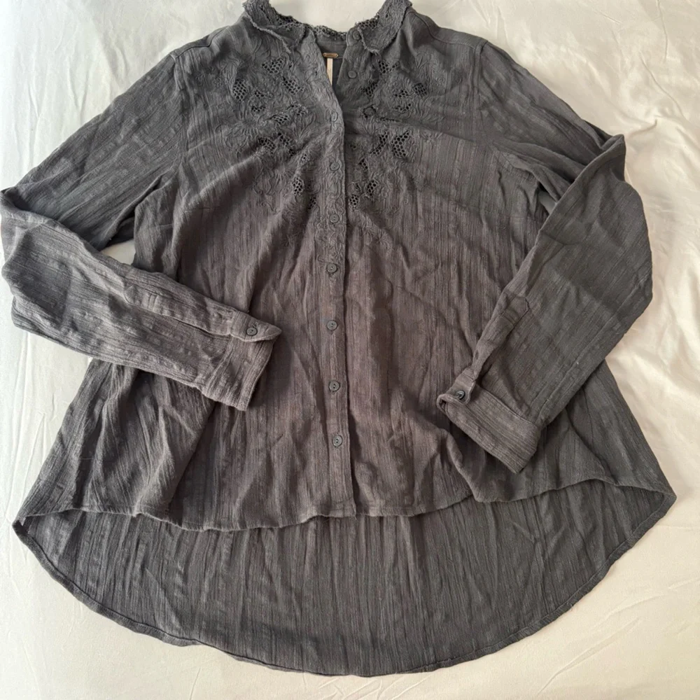 Free People Carter Dobby Dark Gray Embroidered Button Down Shirt, Medium